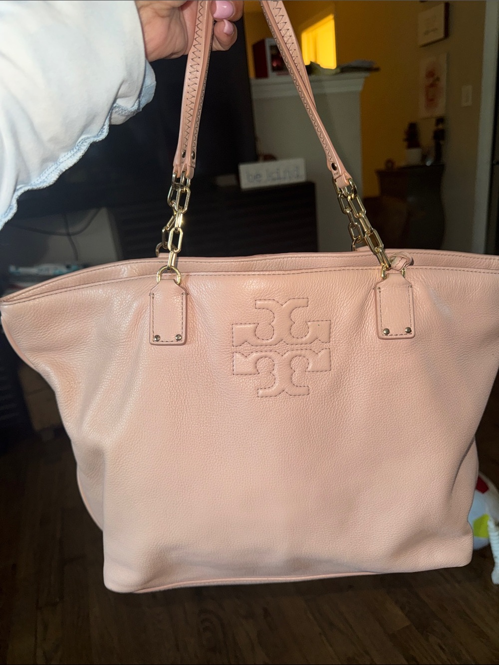 Tory Burch Blush Pink Pebbled Leather Tote with Tassel